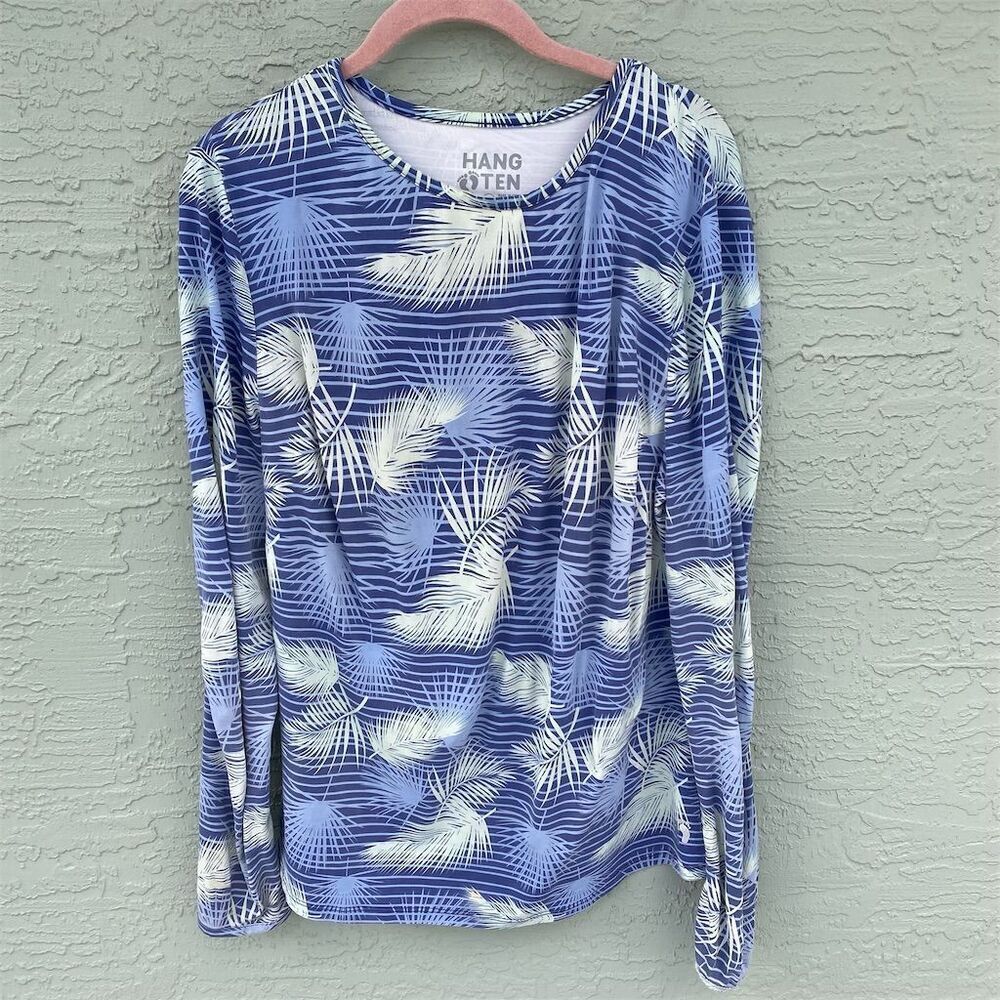Hang Ten Women's XL Blue Palm Stripe Sun Protection Long Sleeve Surf Top